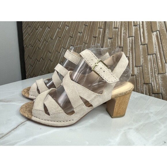 Clarks Spiced Ava Block Mid Heels Tan Suede Leather Sandal Sz 8 - Picture 2 of 11